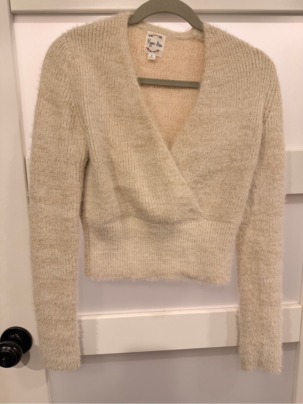 Hippie Rose Cream V-Neck Fuzzy Knit Sweater